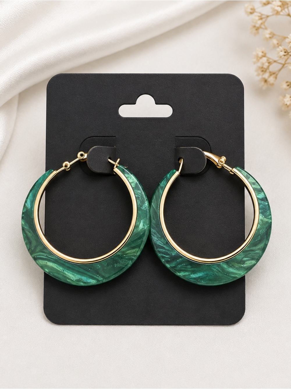 Gold-Tone Hoop Earrings with Green Marbled Resin Accent